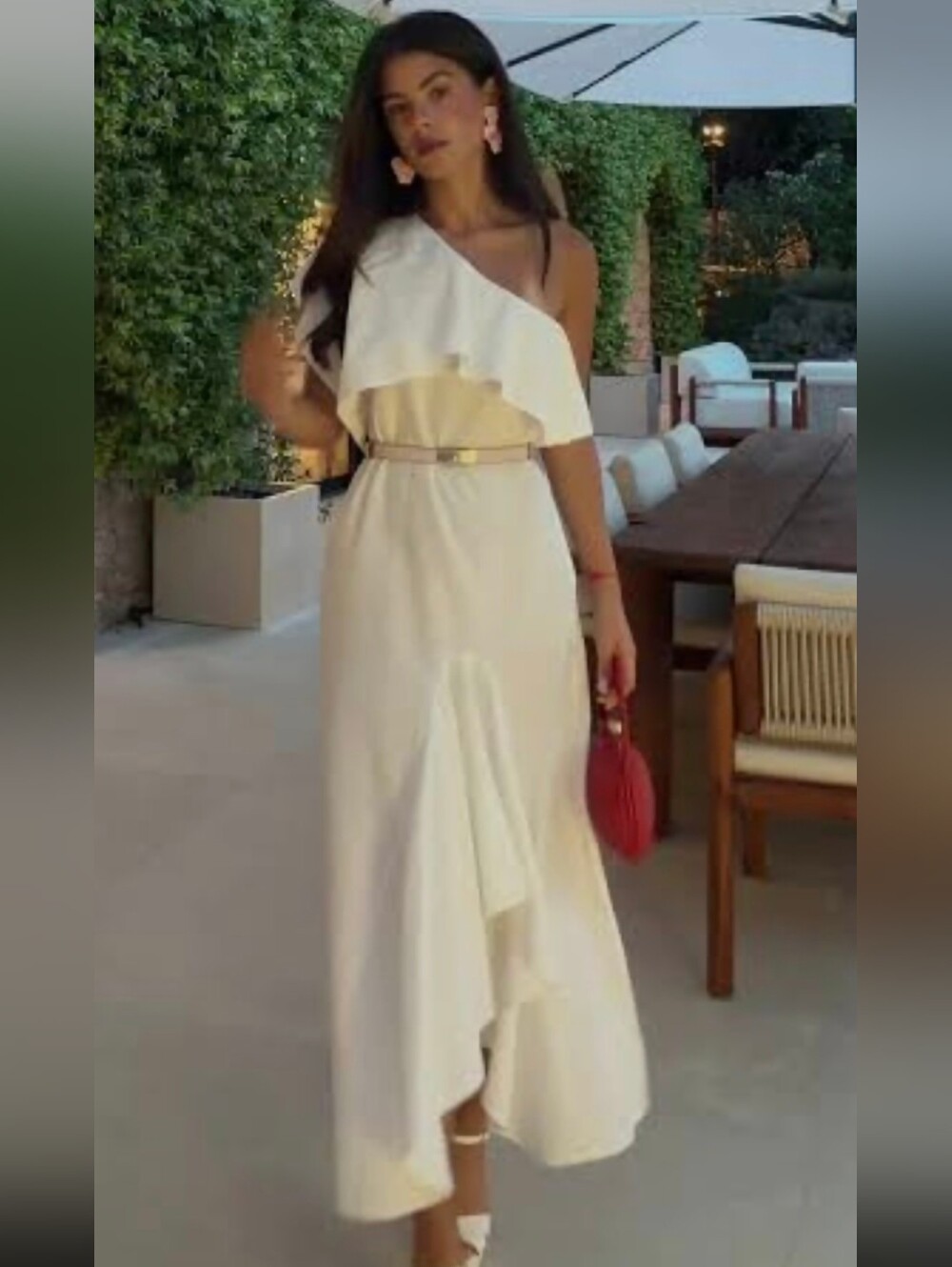 ZARA LINEN BLEND ASYMMETRIC RUFFLED MIDI DRESS WHITE SIZE M